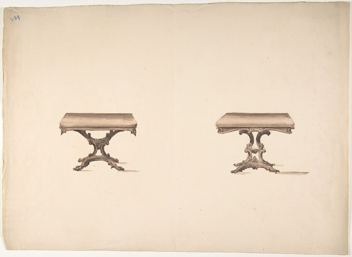 Design for Two Square Tables with Carved Legs, Anonymous, British, 19th century, Pen and ink, brush and wash, watercolor 