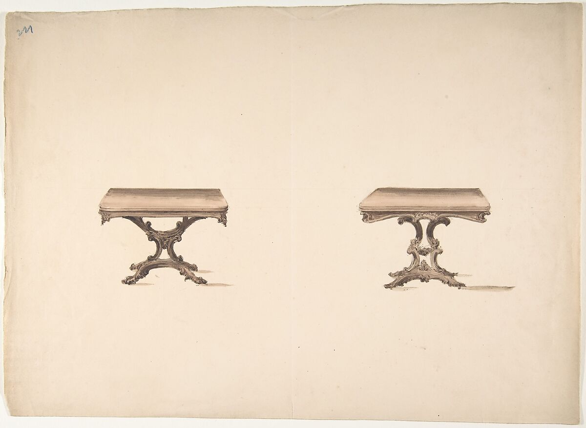 Design for Two Square Tables with Carved Legs, Anonymous, British, 19th century, Pen and ink, brush and wash, watercolor