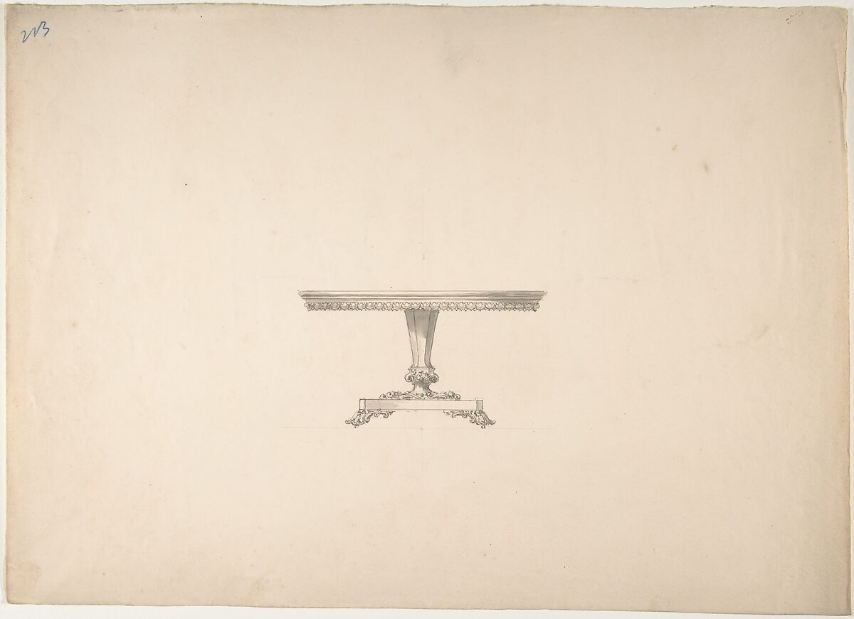 Design for a Round Pedestal Table, Anonymous, British, 19th century, Pen and ink, brush and wash, over graphite 