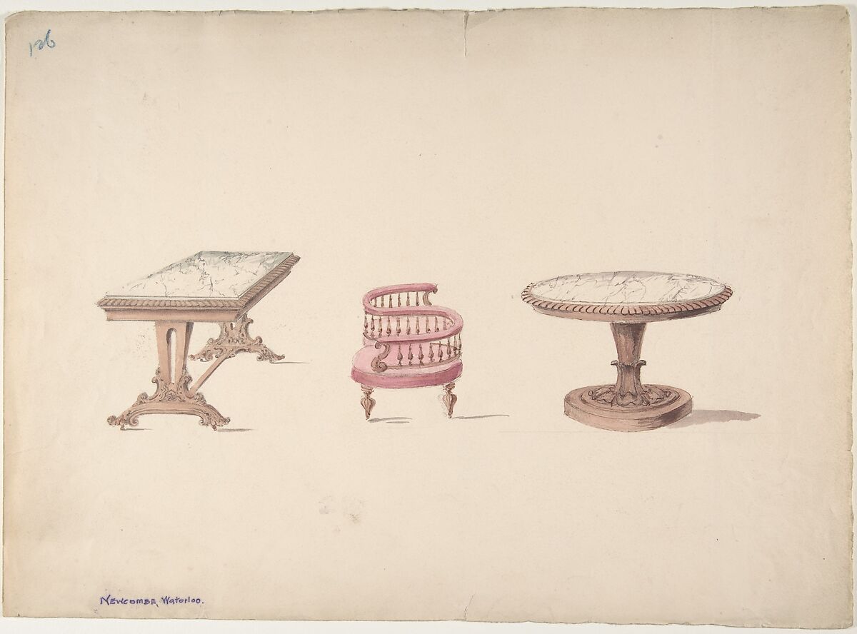 Design for a Rectangular and Round Marble-topped Tables and a Tête-à Tête Chair, Anonymous, British, 19th century, Pen and ink, brush and wash, watercolor 