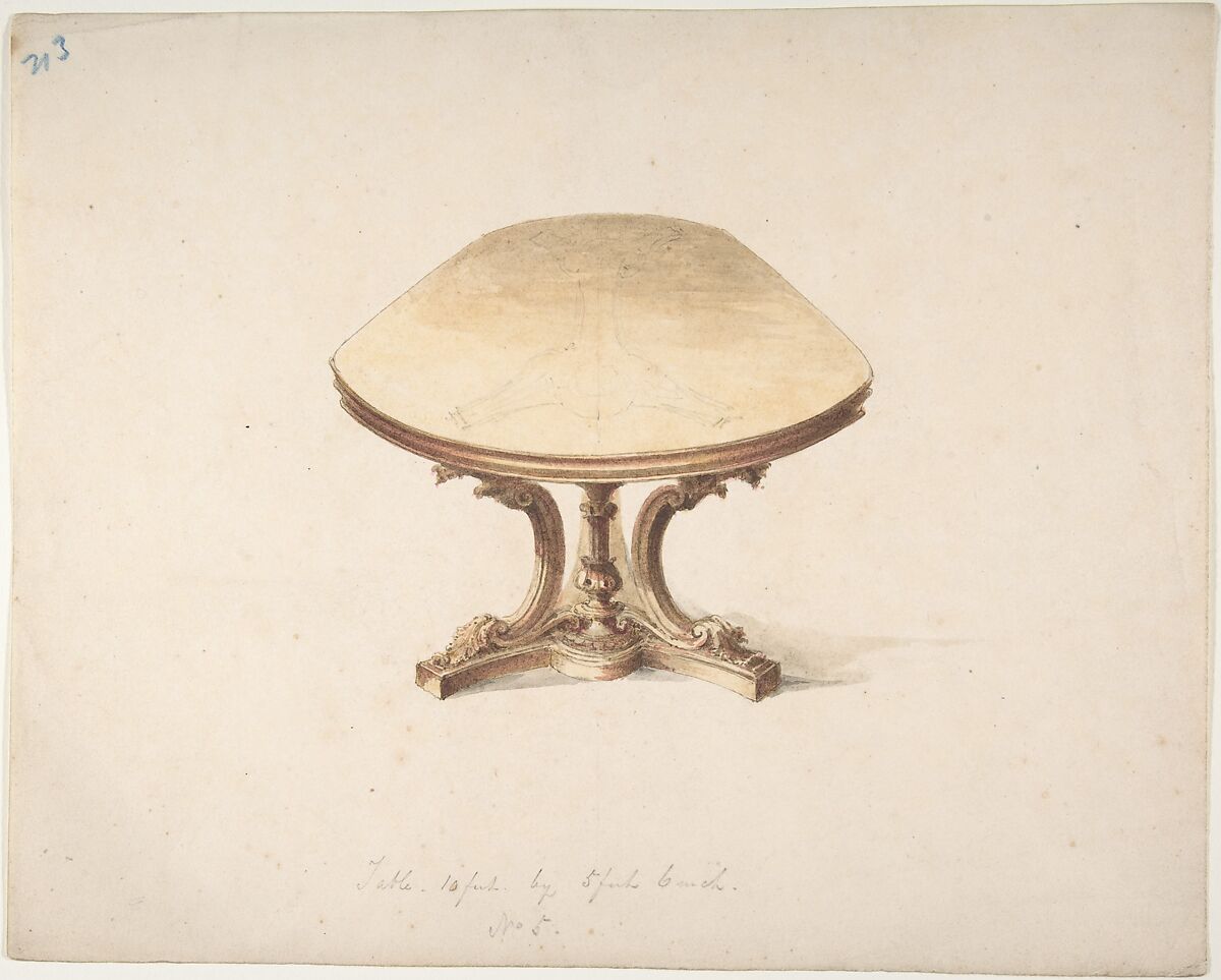 Design for a Dining Table, with Carved Pedestal-style Leg, Anonymous, British, 19th century, Pen and ink, brush and wash, watercolor 