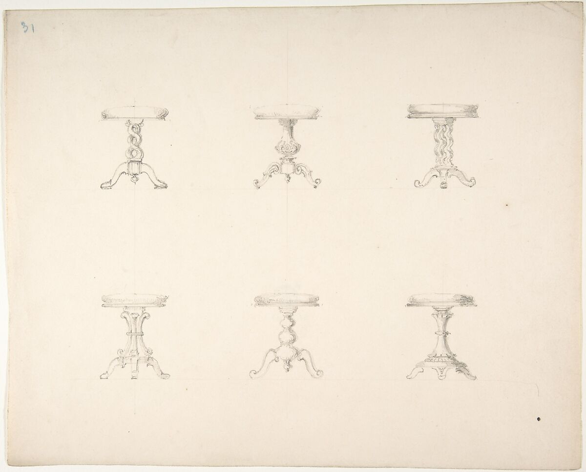 Design for Six Tripod Tables, Anonymous, British, 19th century, Graphite 