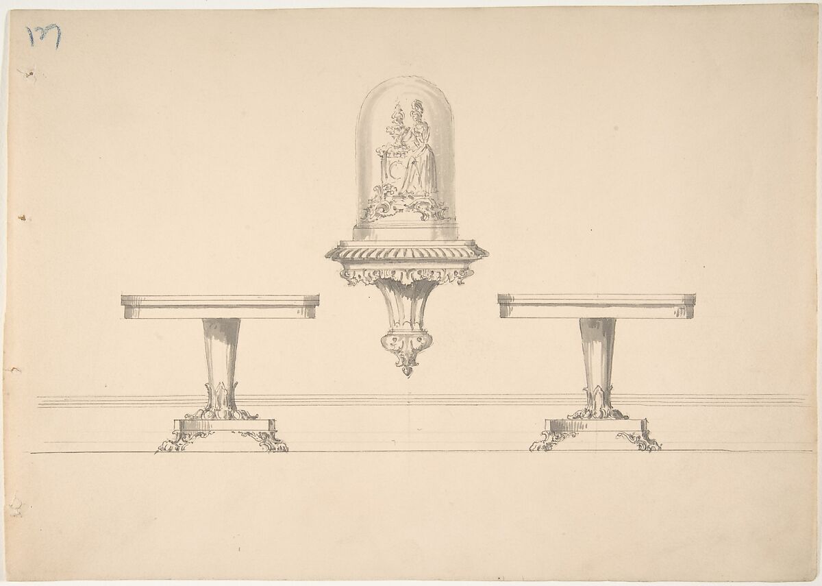 Design for Two Round Pedestal Tables and Rococo-style Carved Shelf Supporting a Clock under Glass, Anonymous, British, 19th century, Pen and ink, brush and wash 