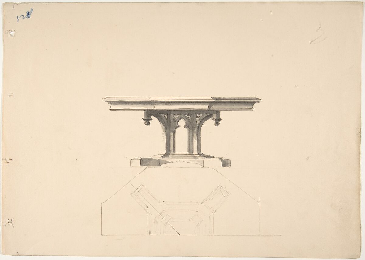 Design for an Octagonal Gothic Pedestal Table: Elevation and Plan, Anonymous, British, 19th century, Pen and ink, brush and wash, over graphite 