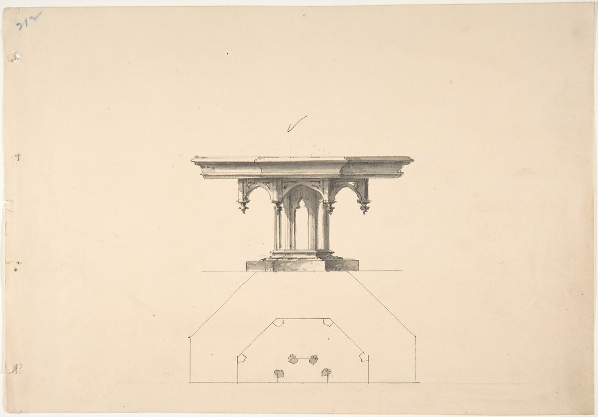 Design for an Octagonal Gothic Pedestal Table with Pendentives: Elevation and Plan, Anonymous, British, 19th century, Pen and ink, brush and wash 