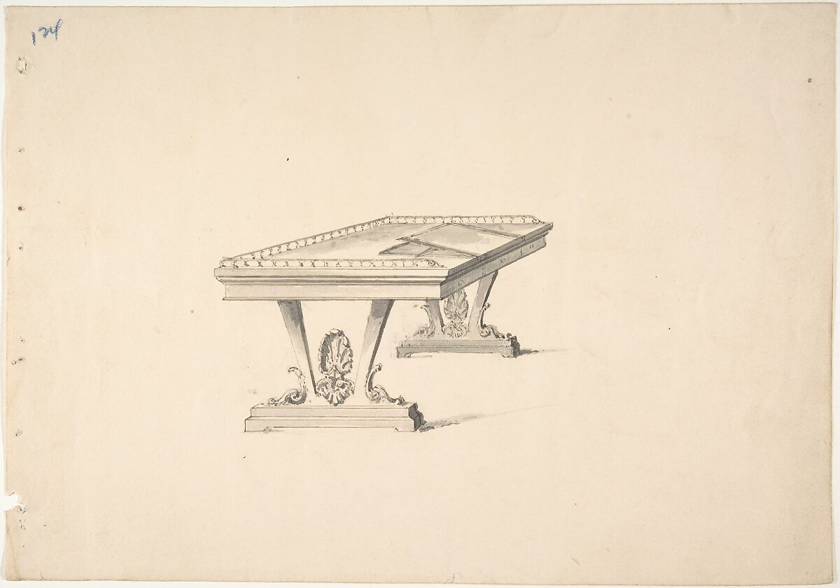 Design for a Work Table with a Railing, Anonymous, British, 19th century, Pen and ink, brush and wash 