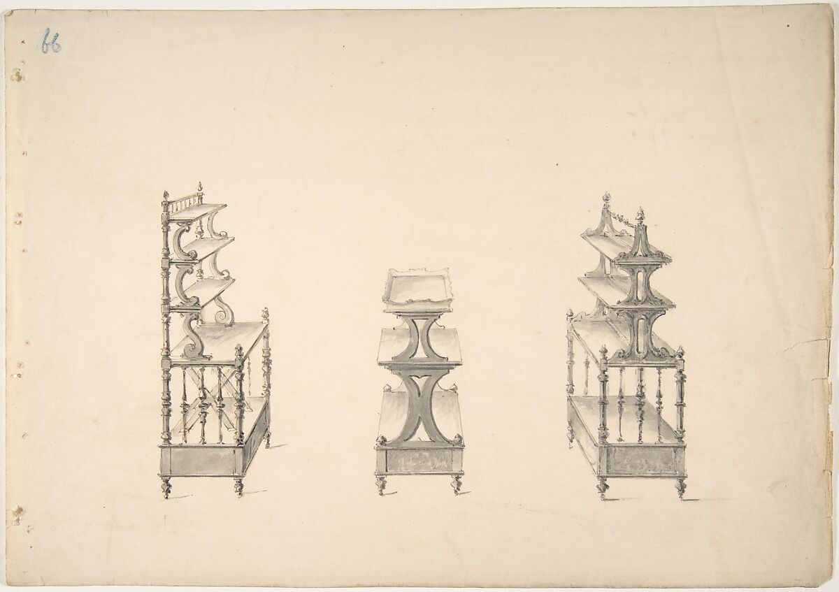 Design for Three Sets of Shelves on Casters, Anonymous, British, 19th century, Pen and ink, brush and wash 