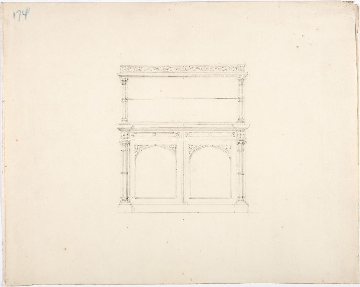 Design for a Gothic Style Mirrored Cabinet, Anonymous, British, 19th century, Graphite 