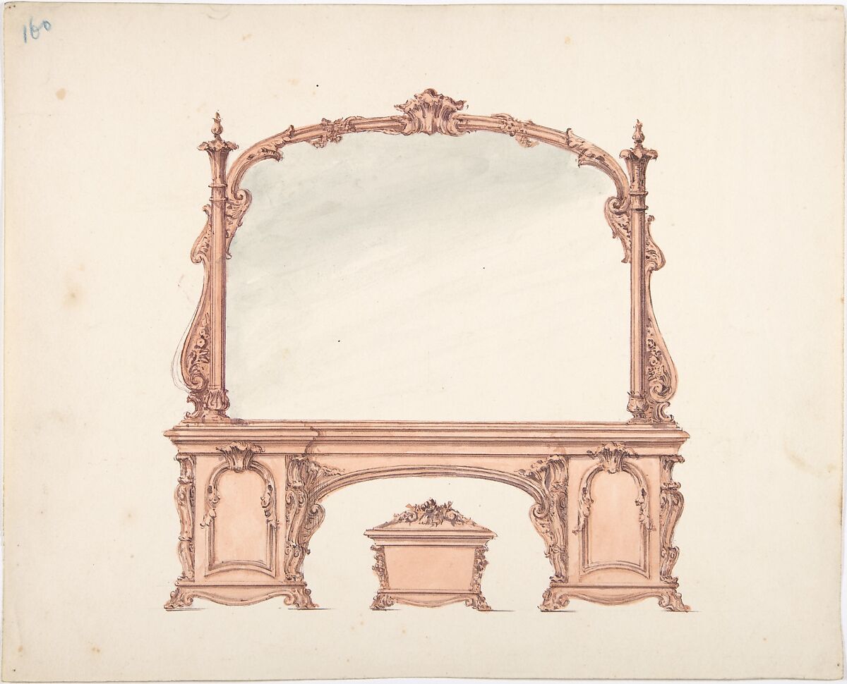 Design for a Mirrored Sideboard with Rococo Ornament, and Casket, Anonymous, British, 19th century, Pen and ink, watercolor 