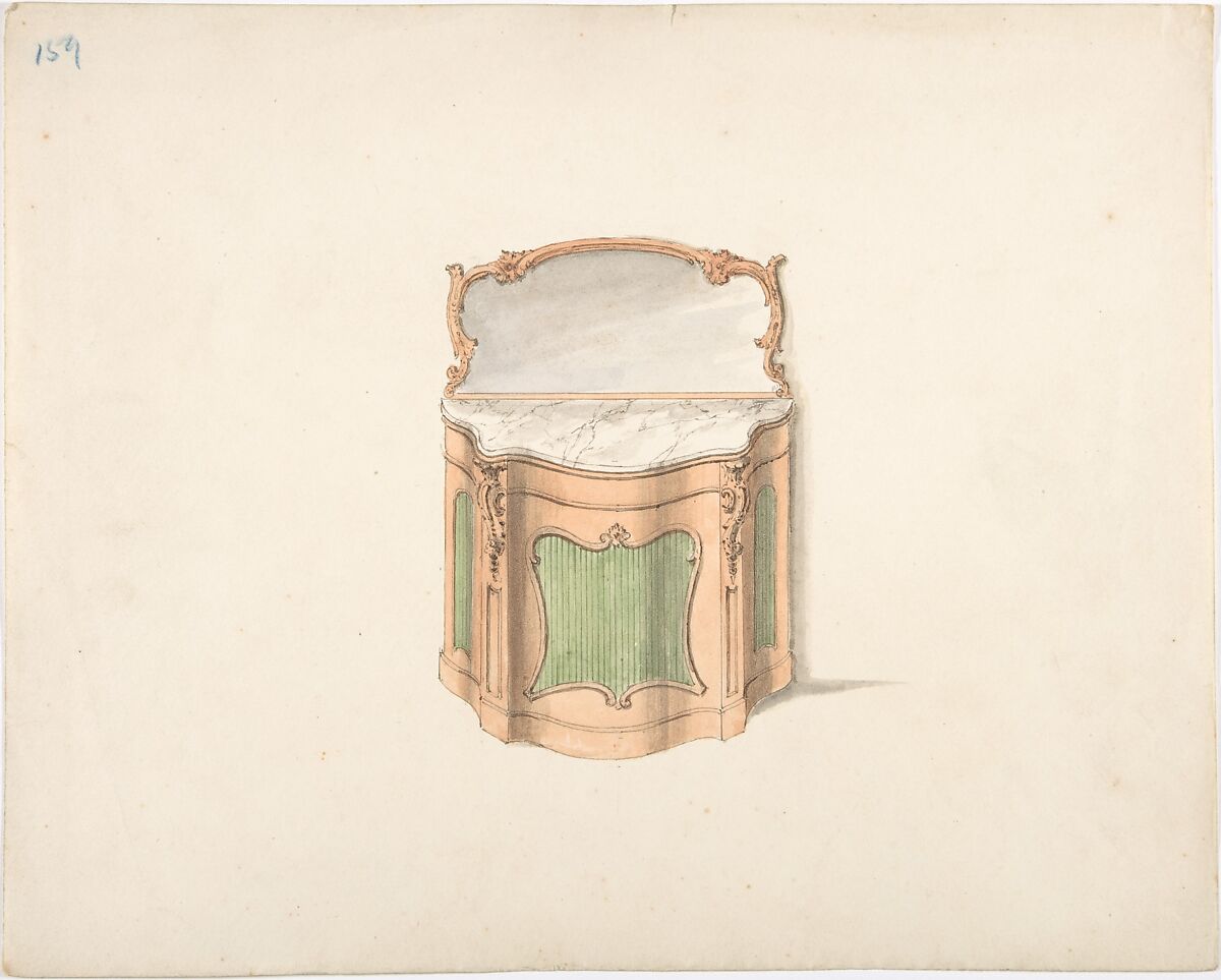 Design for a Dressing Cabinet with Marble Top and Mirror, Anonymous, British, 19th century, Pen and ink, brush and wash, watercolor 