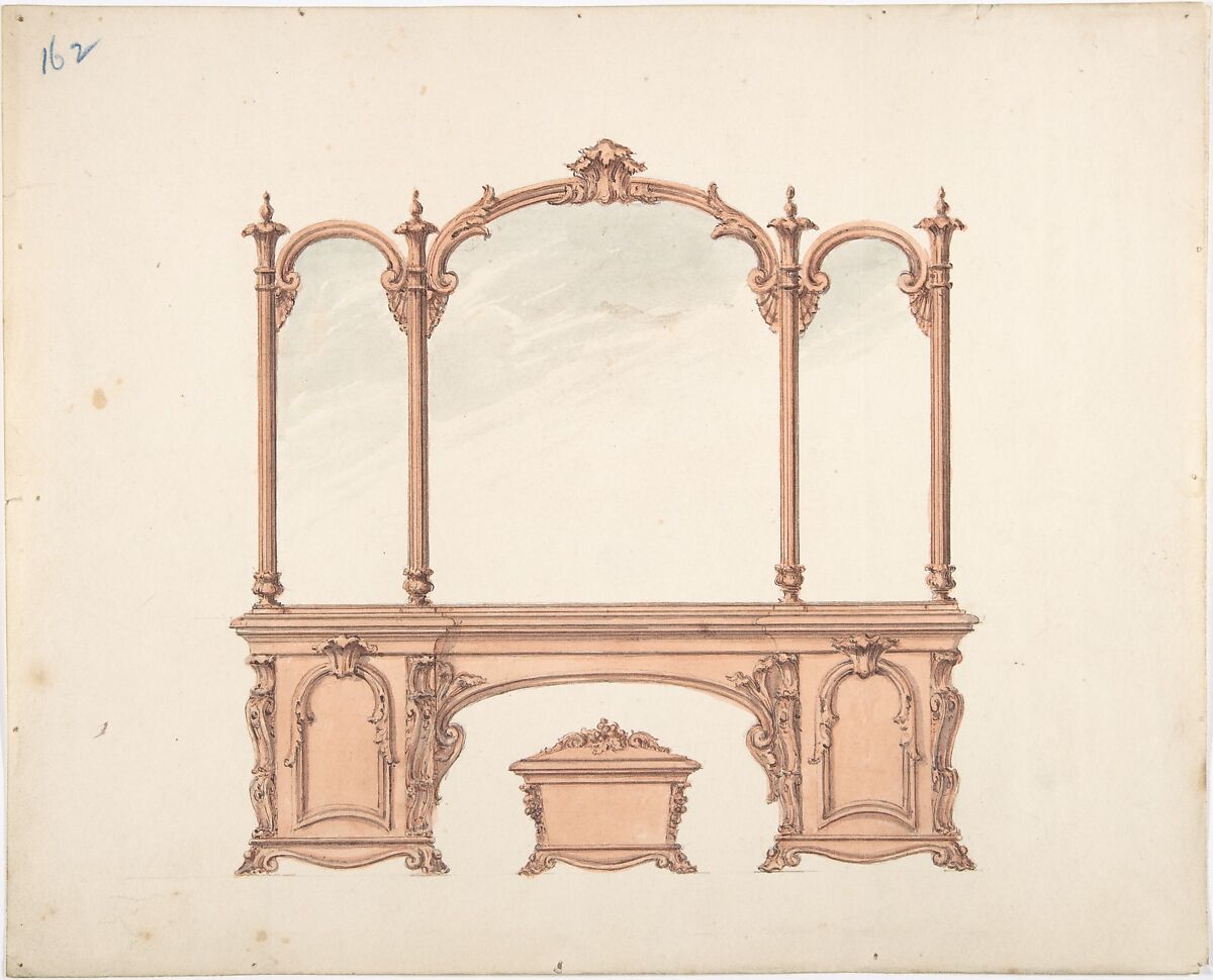 Design for a Mirrored Sideboard with Rococo Ornament, and Casket, Anonymous, British, 19th century, Pen and ink, watercolor 