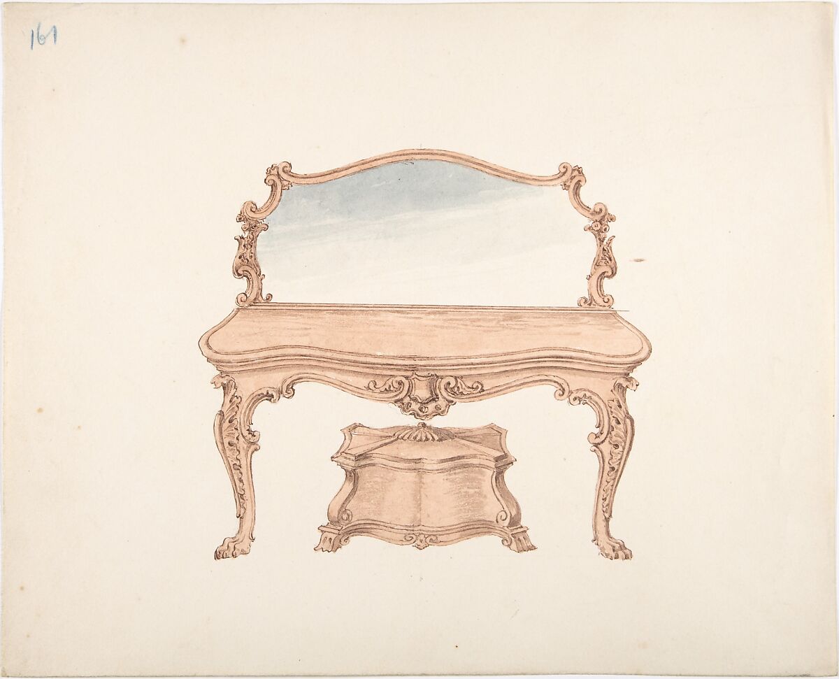 Design for a Mirrored Dressing Table with Baroque Ornament, and a Casket, Anonymous, British, 19th century, Pen and ink, watercolor 