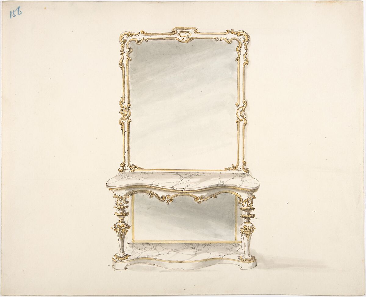 Design for a Mirrored Marble Table Ornamented with Gold, Anonymous, British, 19th century, Pen and ink, brush and wash, watercolor 