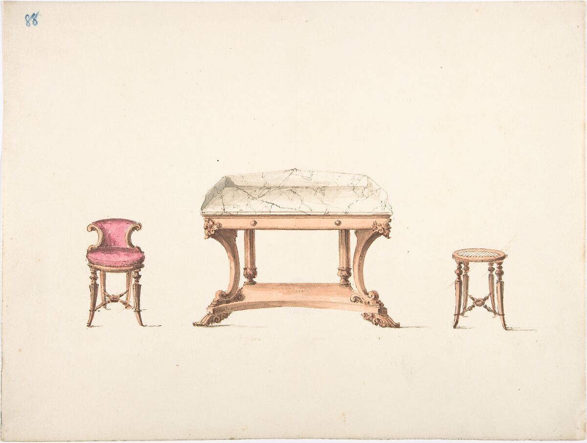 Design for a Marble Topped Table and a Low-backed Chair and a Stool, Anonymous, British, 19th century, Pen and ink, watercolor 