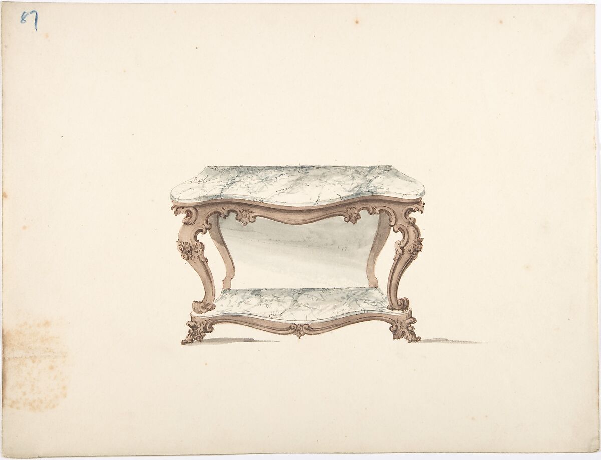 Design for a Marble Topped Table with a Marble Shelf, Anonymous, British, 19th century, Pen and ink, watercolor 