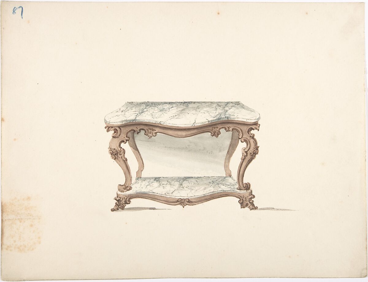 Design for a Marble Topped Table with a Marble Shelf, Anonymous, British, 19th century, Pen and ink, watercolor 