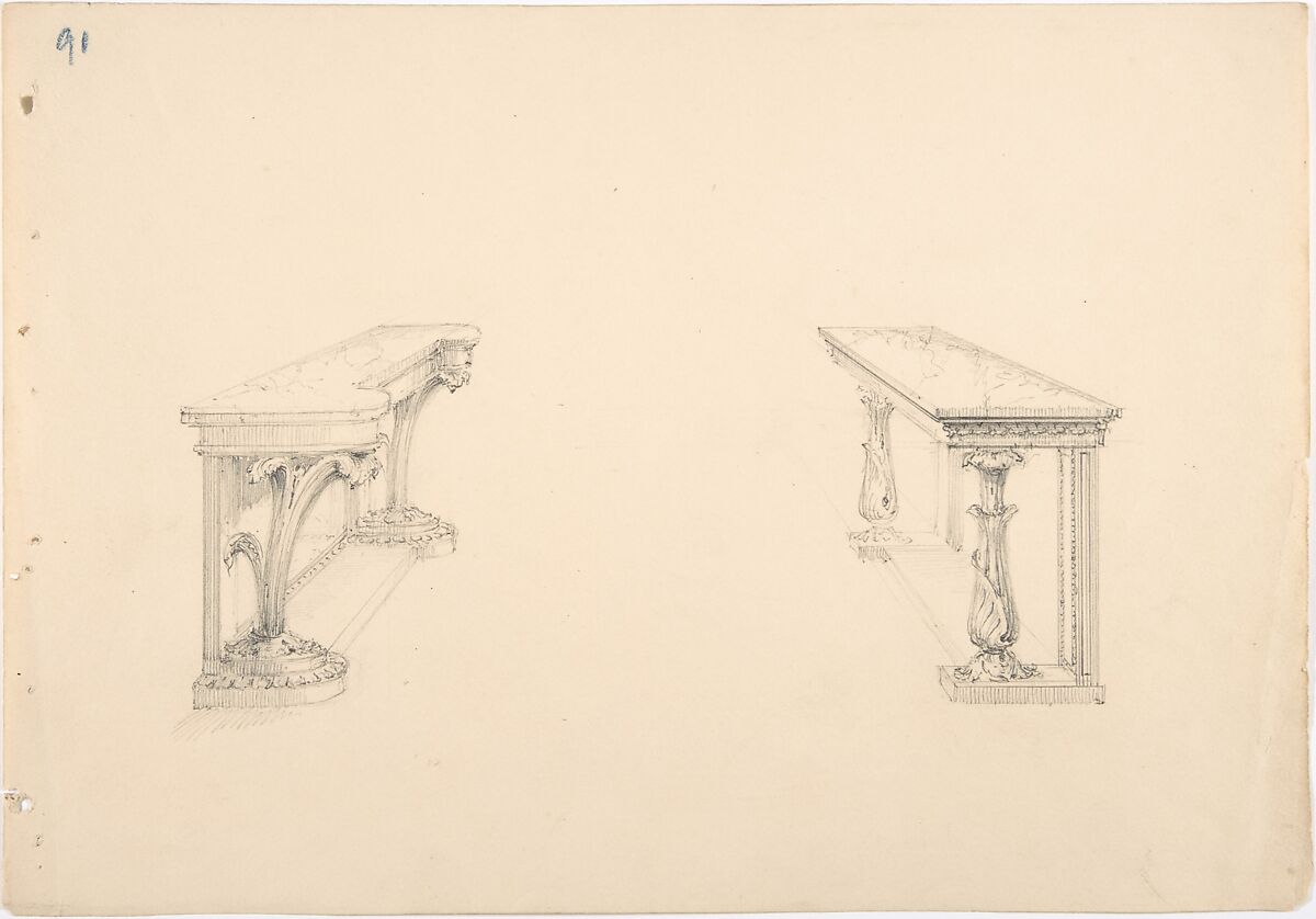 Design for Two Marble-topped Pier Tables, Anonymous, British, 19th century, Graphite 