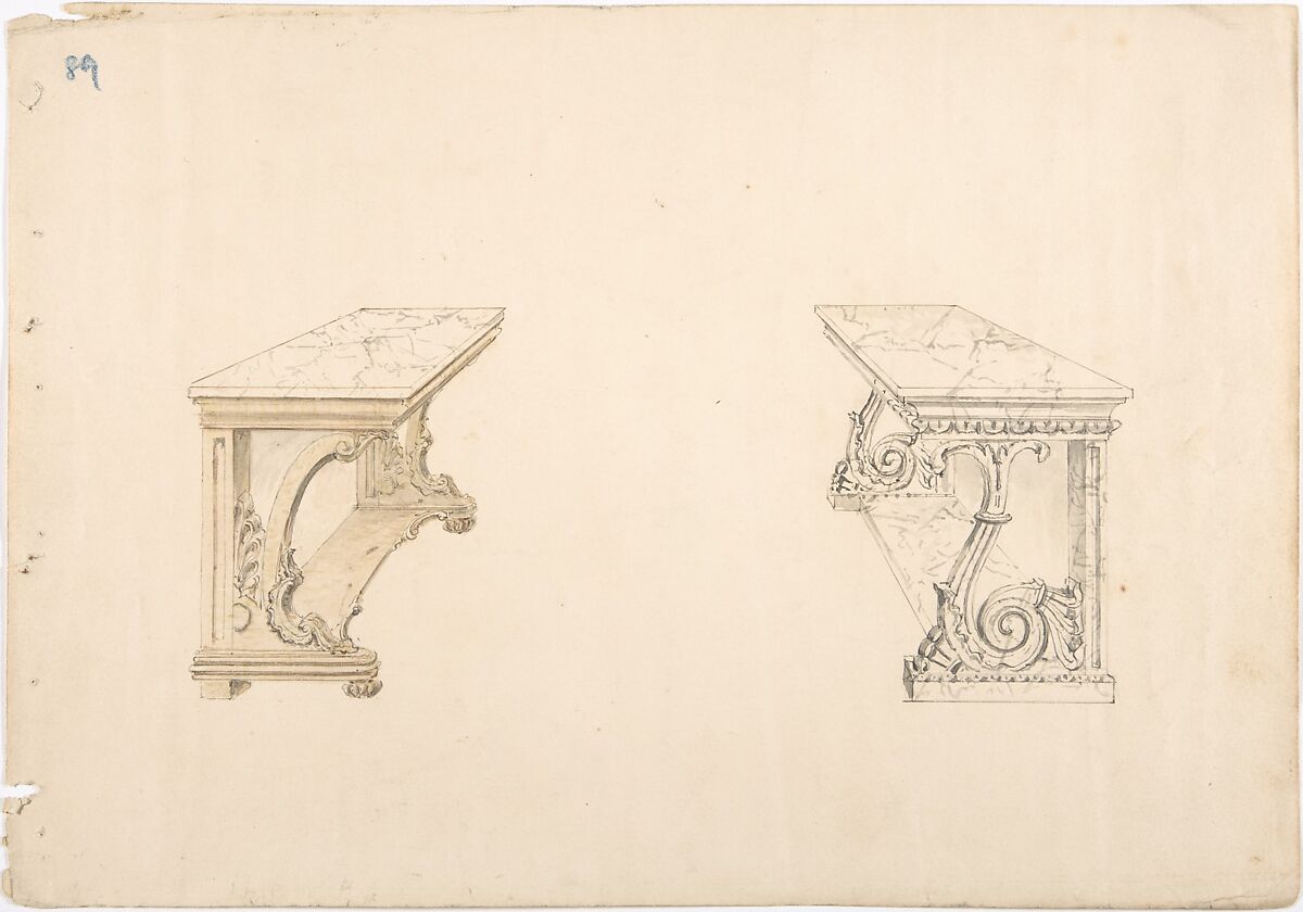 Design for Two Marble-topped Pier Tables, Anonymous, British, 19th century, Pen and ink, brush and wash, over graphite 