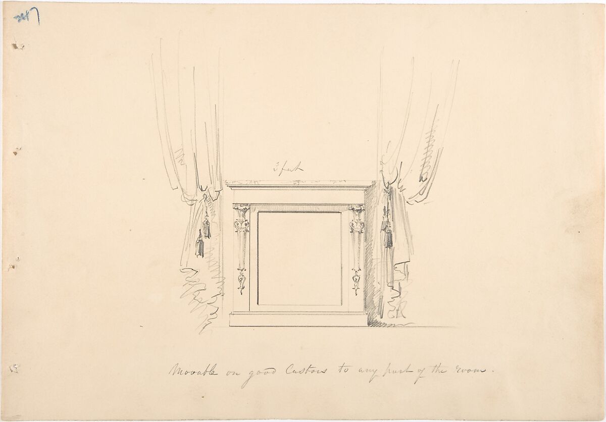 Design for a Small Cabinet Between Curtains, Anonymous, British, 19th century, Graphite 