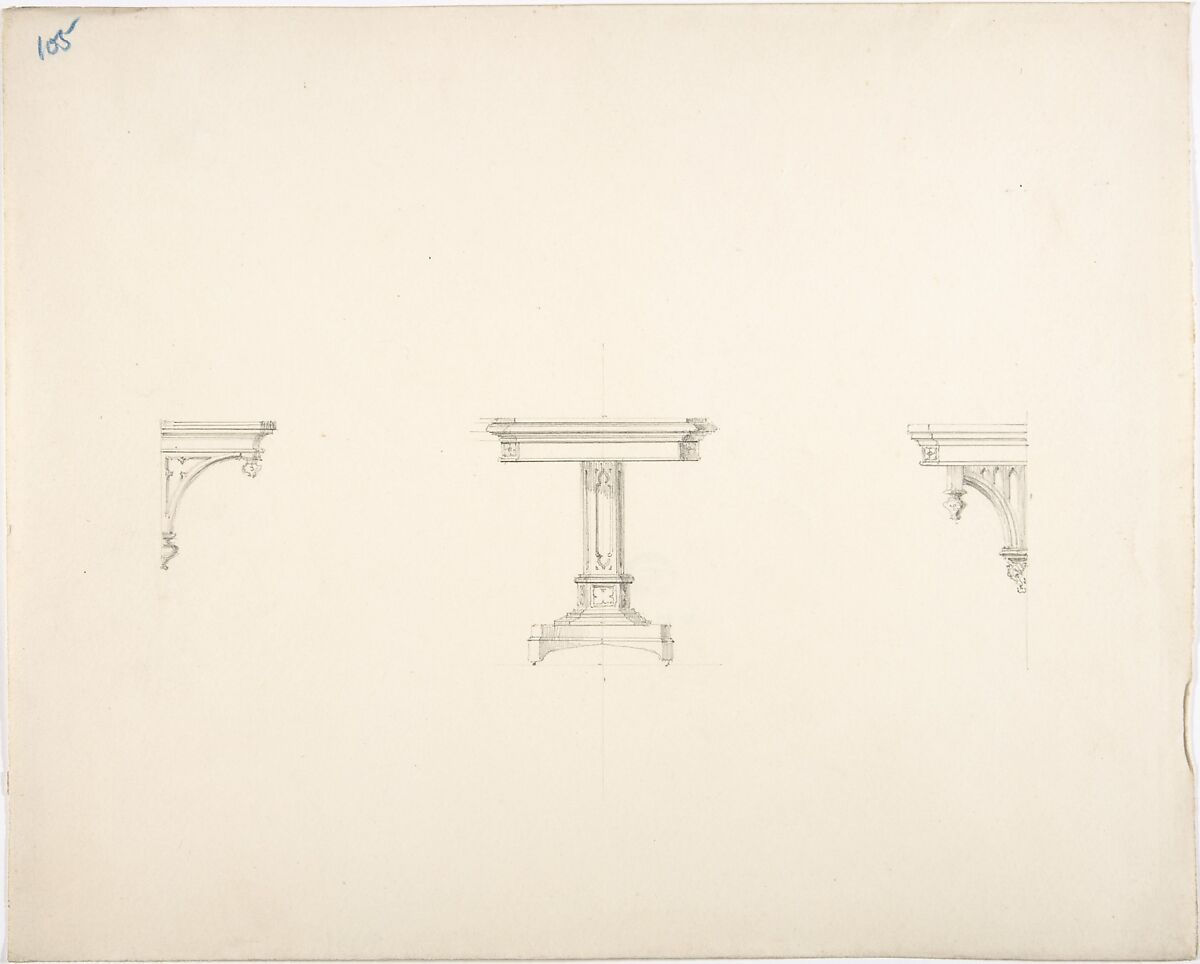 Design for a Small Gothic Pedestal Table and Two Brackets, Anonymous, British, 19th century, Graphite 
