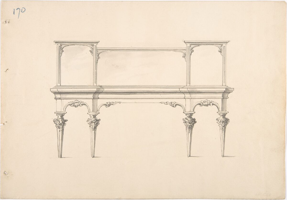 Design for a Mirrored Sideboard with Pointed Legs and Floral Ornament, Anonymous, British, 19th century, Pen and ink, brush and wash 