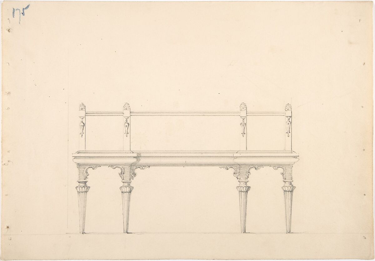 Design for a Mirrored Sideboard with Diminishing Columnar Legs and Classical Ornament, Anonymous, British, 19th century, Graphite 