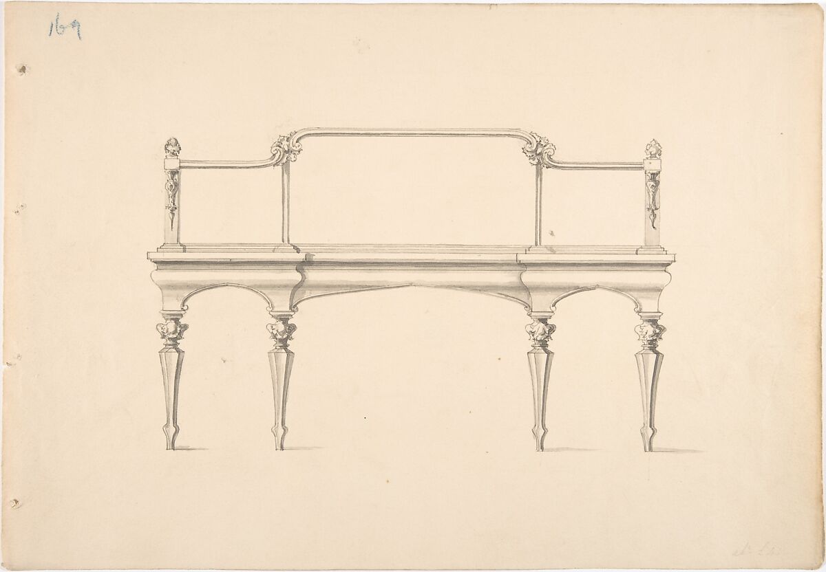 Design for a Mirrored Sideboard with Pointed Legs and Foliate Ornament, Anonymous, British, 19th century, Pen and ink, brush and wash 