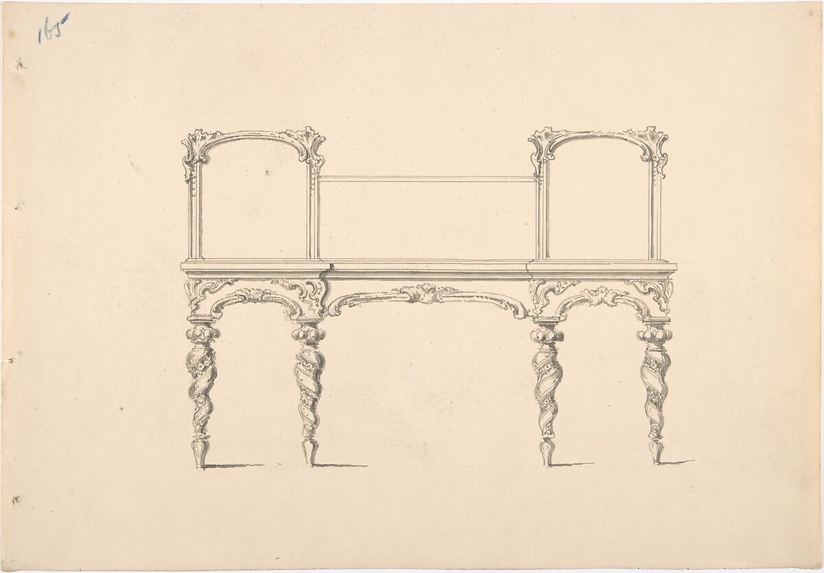 Design for a Mirrored Sideboard with Turned Legs Rocaille Ornament (Verso: Sketch for a Desk), Anonymous, British, 19th century, Pen and ink, brush and wash 