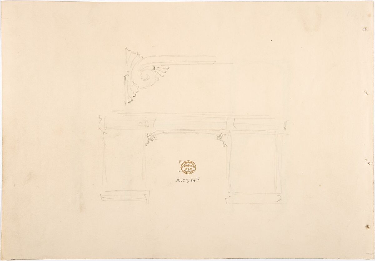Design for a Mirrored Sideboard with Turned Legs Rocaille Ornament (Verso: Sketch for a Desk), Anonymous, British, 19th century, Pen and ink, brush and wash