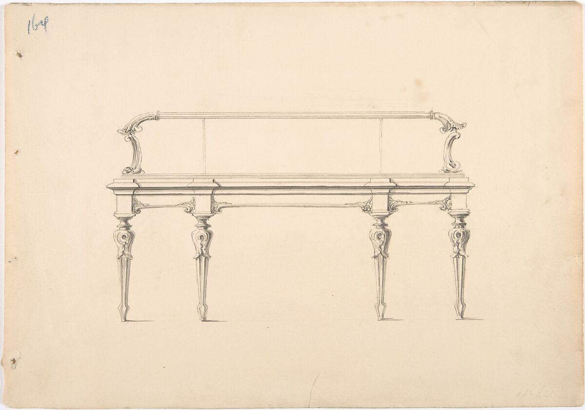 Design for a Mirrored Sideboard with Diminishing Legs and Foliate Ornament, Anonymous, British, 19th century, Pen and ink, brush and wash 