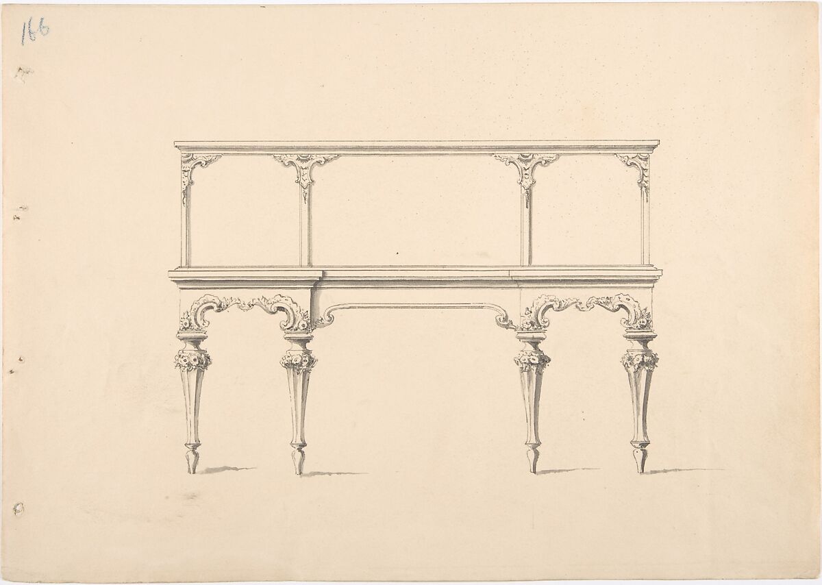 Design for a Mirrored Sideboard with Diminishing Legs, Floral and Rocaille Ornament, Anonymous, British, 19th century, Pen and ink, brush and wash 