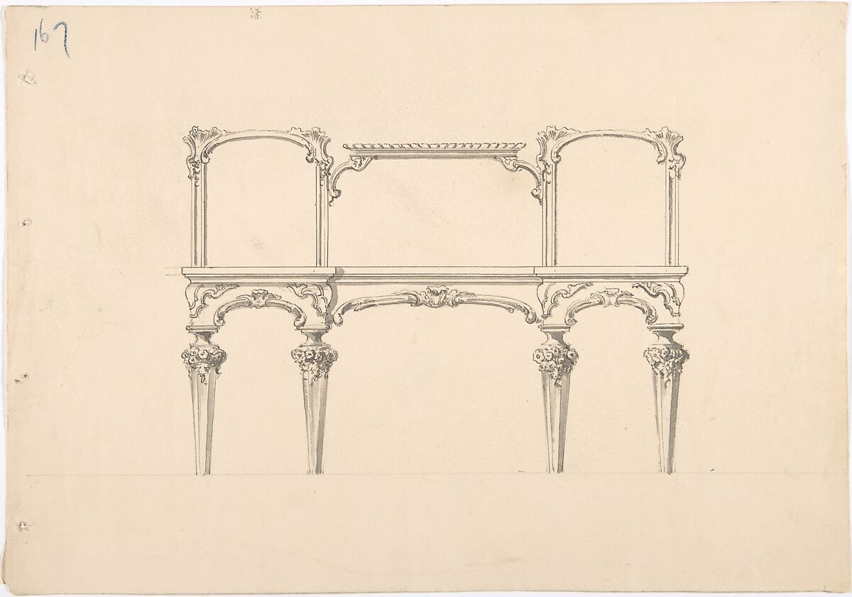 Design for a Mirrored Sideboard with Diminishing Legs, Floral and Rocaille Ornament, Anonymous, British, 19th century, Pen and ink, brush and wash 