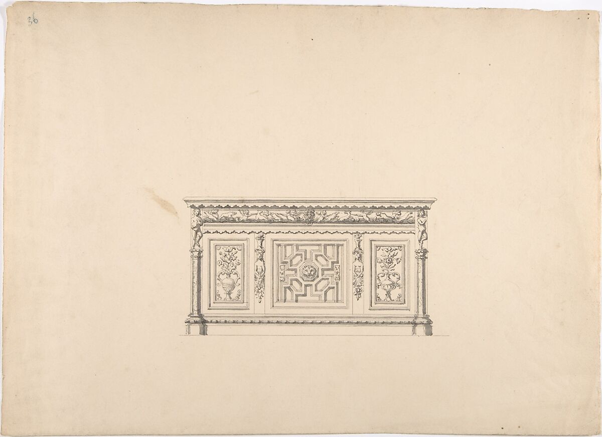 Design for a Renaissance Style Carved Cabinet, Anonymous, British, 19th century, Pen and ink, brush and wash 