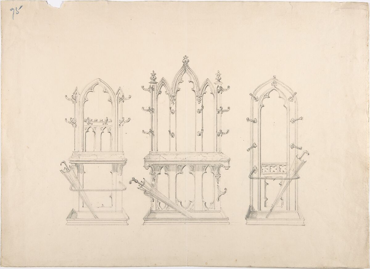Design for Three Gothic Hat and Umbrella Stands, Anonymous, British, 19th century, Graphite 