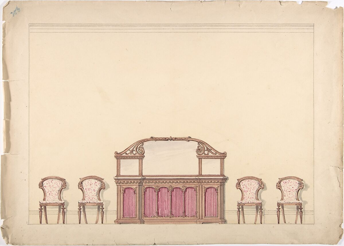 Design for a Mirrored Cabinet and Four Chairs, Anonymous, British, 19th century, Pen and ink, brush and wash, watercolor 