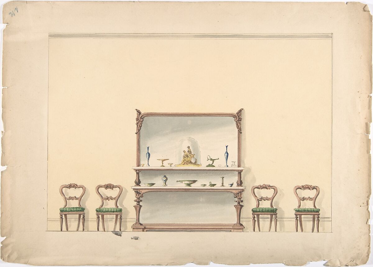 Design for a Mirrored, Marble-topped Sideboard and Four Chairs, Anonymous, British, 19th century, Pen and ink, brush and wash, watercolor 