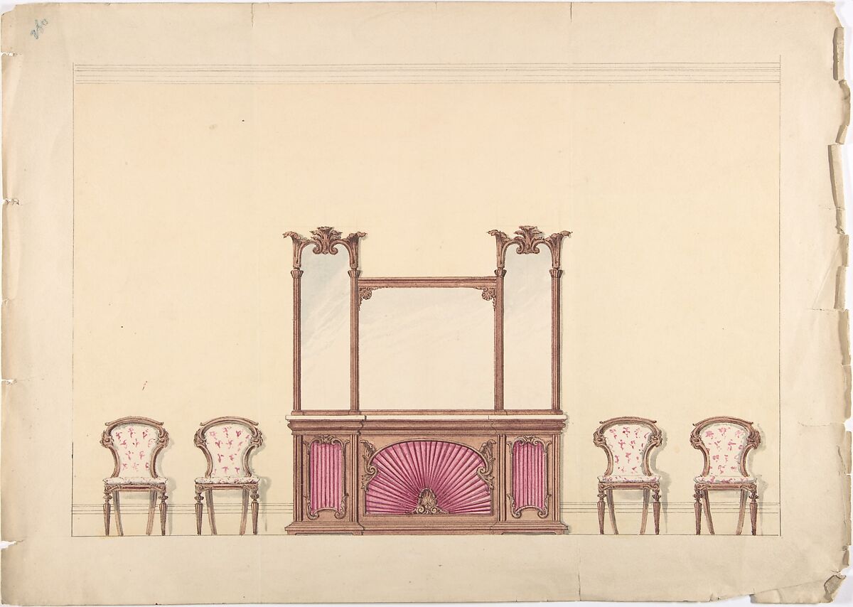 Design for a Mirrored Cabinet and Four Chairs, Anonymous, British, 19th century, Pen and ink, brush and wash, watercolor 