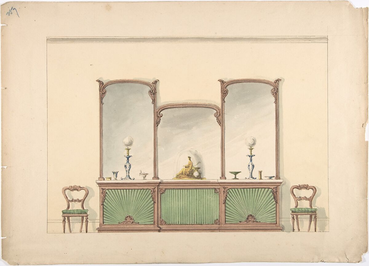 Design for a Mirrored Three Sectioned Marble-topped Cabinet and Two Chairs, Anonymous, British, 19th century, Pen and ink, brush and wash, watercolor 