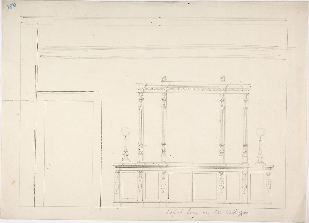 Design for a Large Mirrored Cabinet Adorned with Two Lamps, Anonymous, British, 19th century, Graphite 