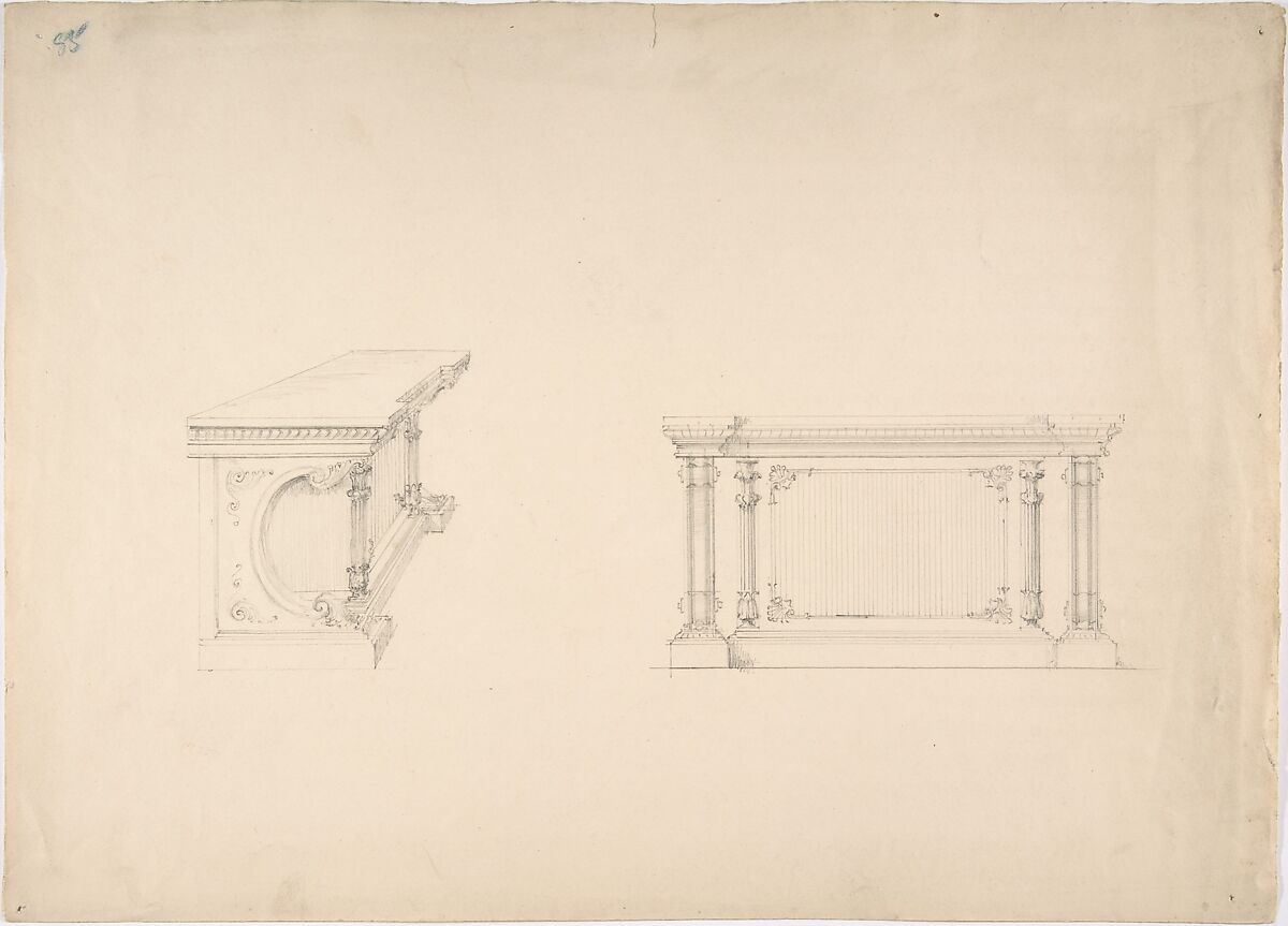 Design for a Cabinet with Columns and Inset Fabric Panels: Elevation and Side View, Anonymous, British, 19th century, Graphite 