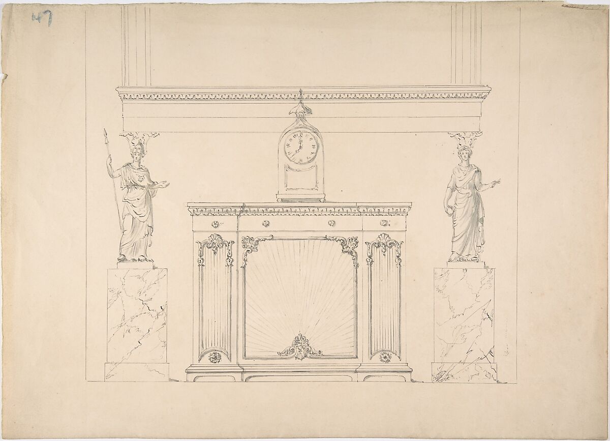 Design for a Cabinet with Inset Fabric Panels, and Two Female Classical Statues on Marble Pedestals, Anonymous, British, 19th century, Pen and ink, brush and wash, over graphite 