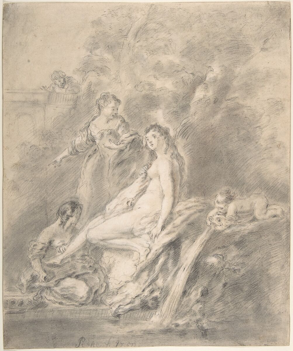 Bathsheba at the Bath, Antoine Pesne (French, Paris 1683–1757 Berlin), Black chalk with touches of red chalk, with stumping, heightened with white chalk 