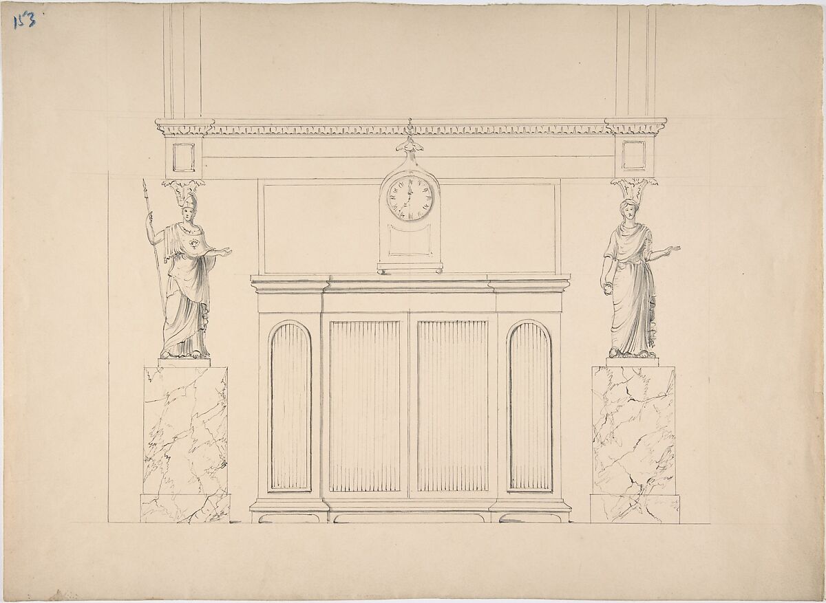 Design for a Cabinet with Inset Fabric Panels, and Two Female Classical Statues on Marble Pedestals, Anonymous, British, 19th century, Pen and ink, brush and wash, over graphite 