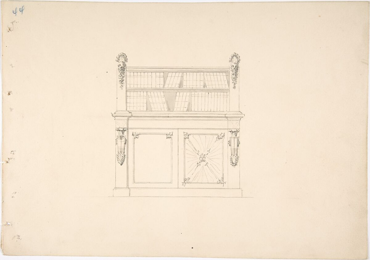 Design for a Cabinet with Classical Ornament and Bookshelves, Anonymous, British, 19th century, Pen and ink, brush and wash, over graphite 