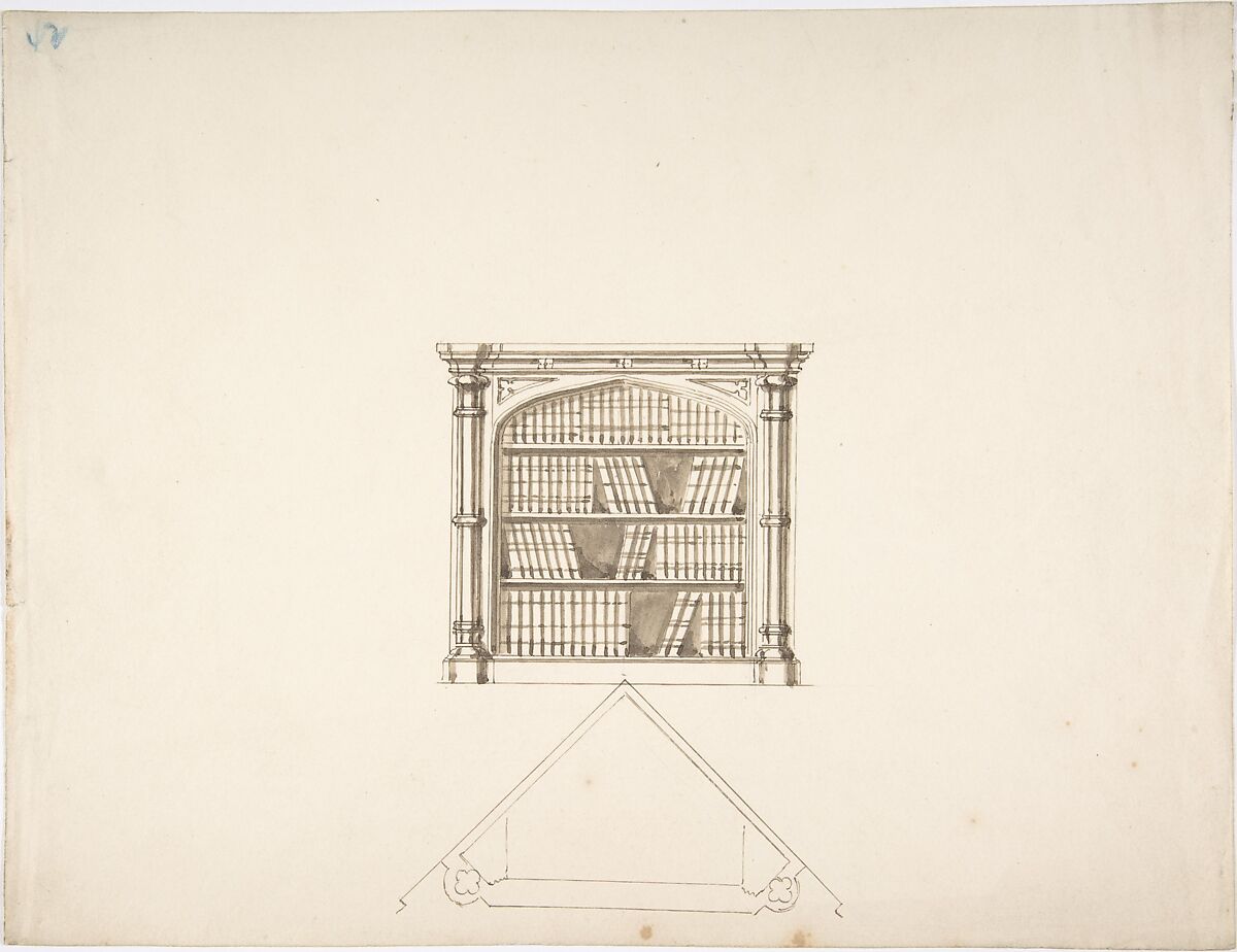 Design for a Gothic Style Corner Book Cabinet: Elevation and Plan, Anonymous, British, 19th century, Pen and ink, brush and wash 