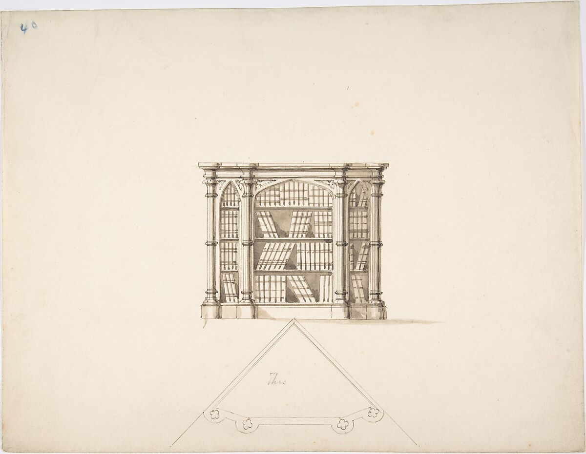 Design for a Gothic Style Corner Book Cabinet: Elevation and Plan, Anonymous, British, 19th century, Pen and ink, brush and wash 