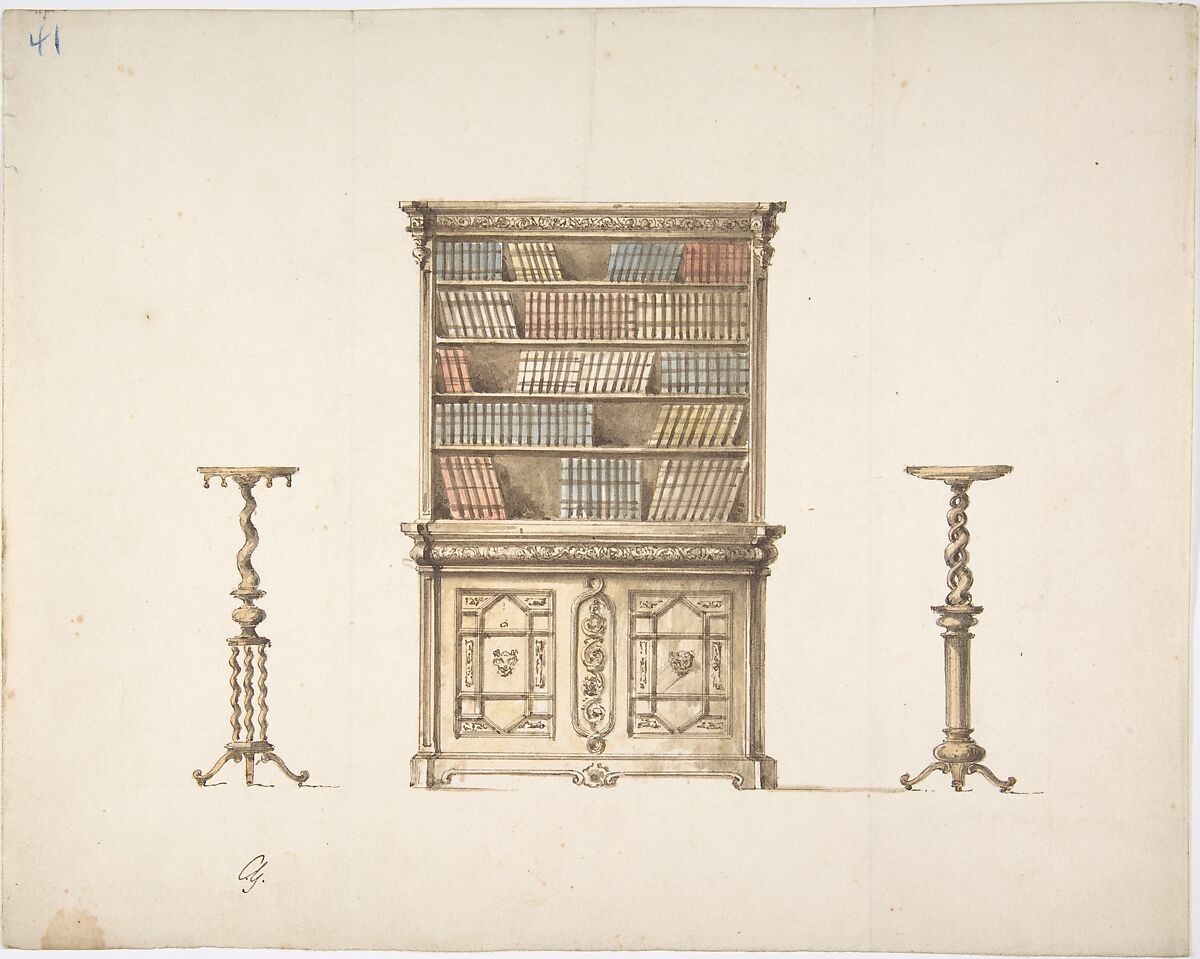 Design for a Bookcabinet and Two Pedestals (Verso: sketch), Anonymous, British, 19th century, Recto: pen and ink, brush and wash, watercolor
Verso: graphite 
