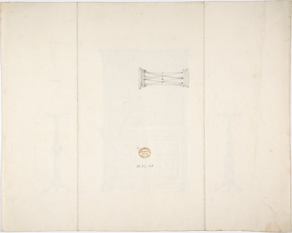 Design for a Bookcabinet and Two Pedestals (Verso: sketch), Anonymous, British, 19th century, Recto: pen and ink, brush and wash, watercolor
Verso: graphite