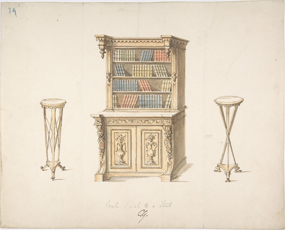 Design for a Bookcabinet and Two Pedestals, Anonymous, British, 19th century, Pen and ink, brush and wash and watercolor, over graphite 