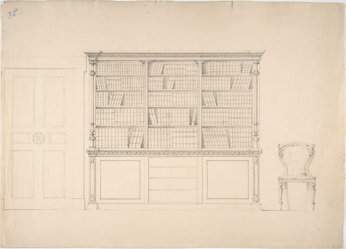 Design for a Large Bookcabinet, with a Door at Left and a Chair at Right, Anonymous, British, 19th century, Graphite 